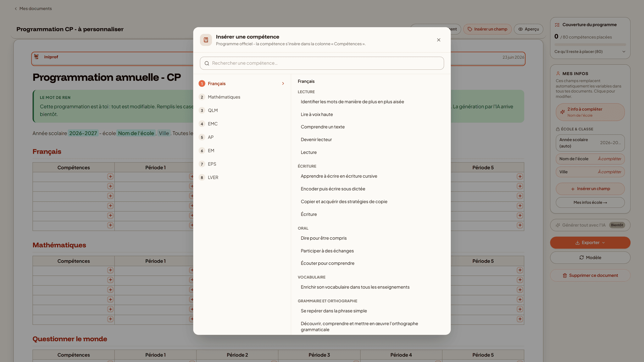Module de programmation d'Iniprof : vue de la programmation et des progressions par période, alignées sur les programmes officiels