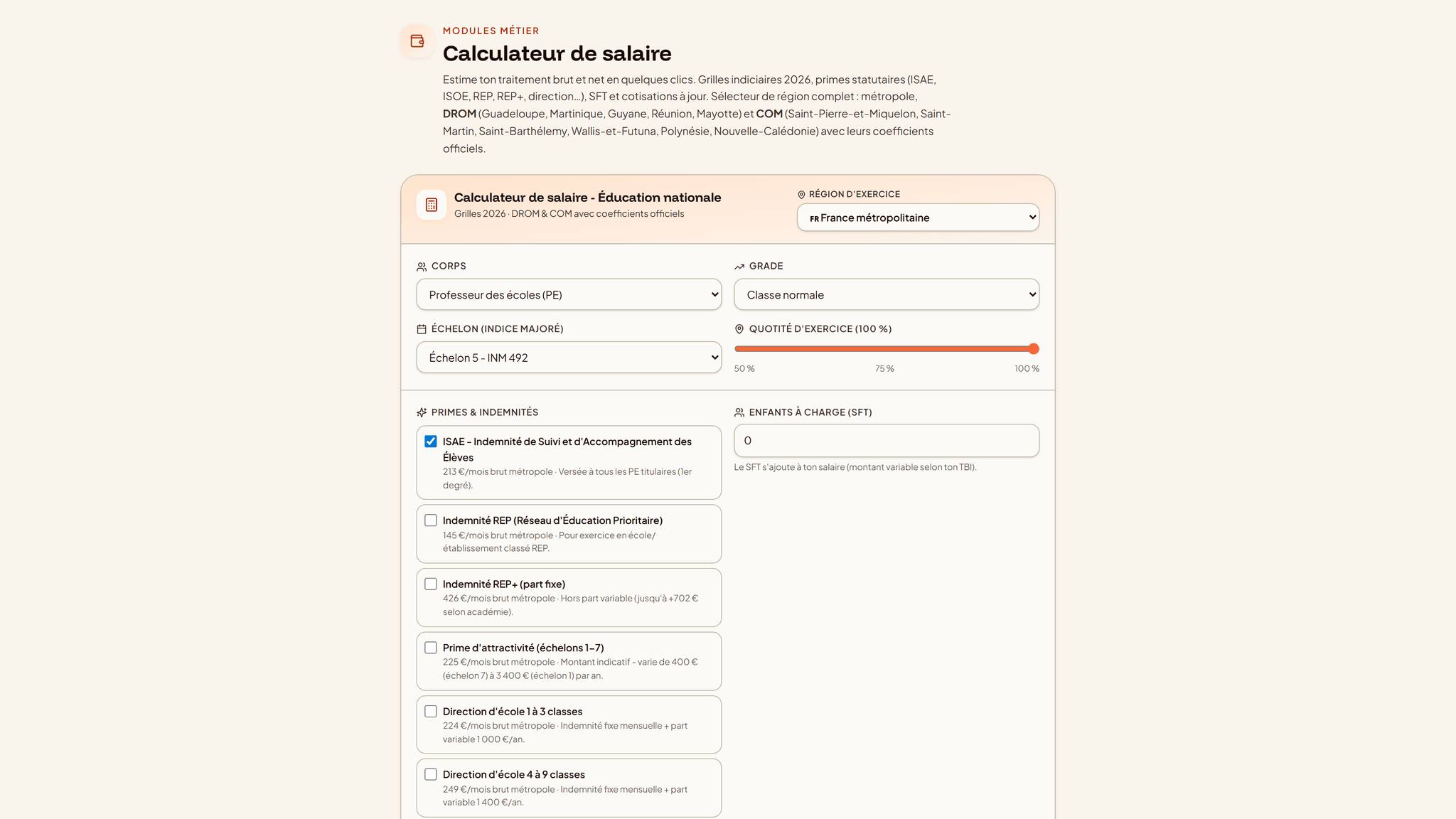 Calculateur de salaire Iniprof : estimation du salaire net d'un professeur des écoles selon l'échelon, l'indice et le territoire