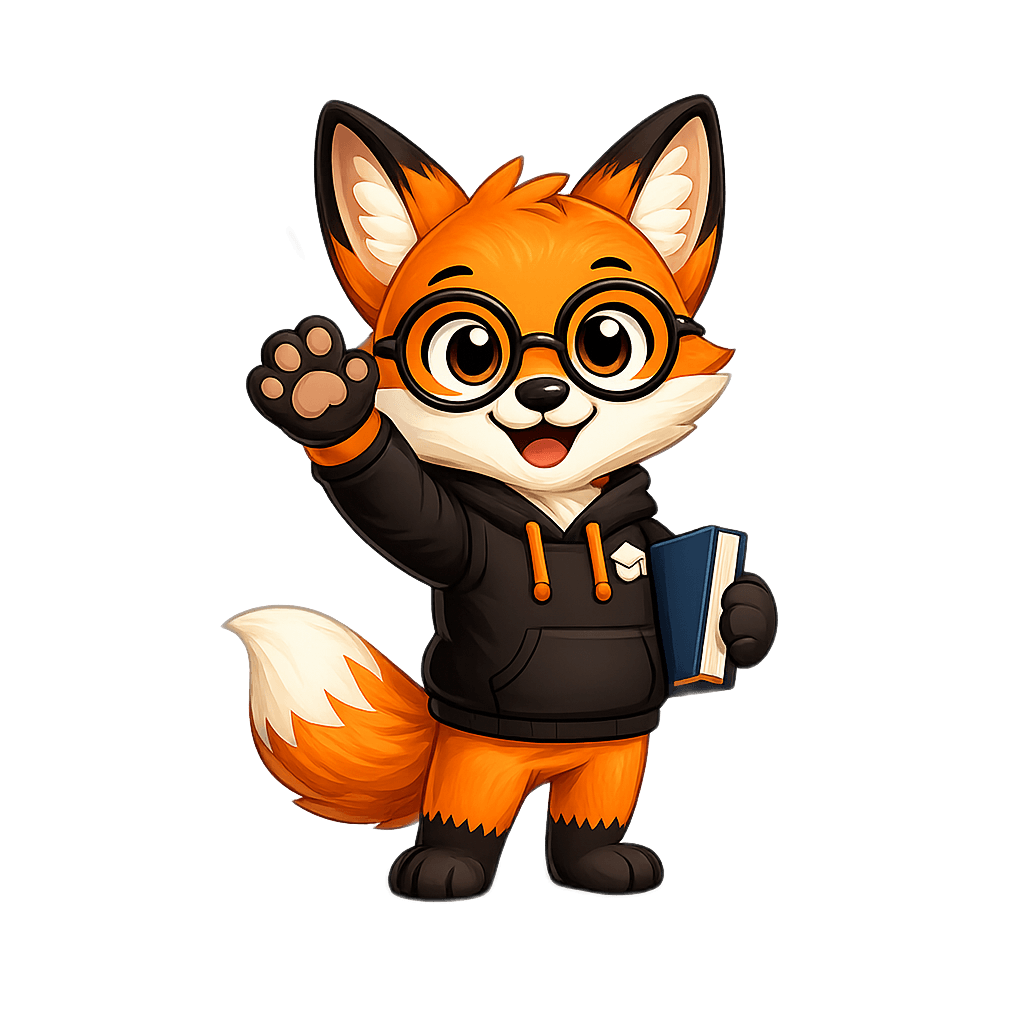 Le renard d'Iniprof tient un livre, complice