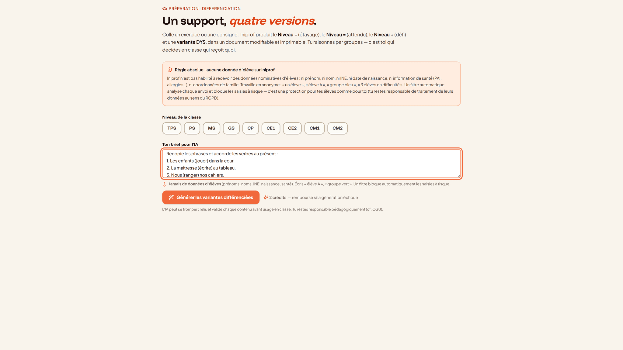 Interface du module de différenciation d'Iniprof : un même support décliné en trois niveaux d'exigence (étayage, attendu, défi) et une variante adaptée DYS