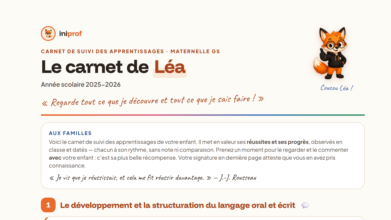 Carnet de suivi des apprentissages imprimable d'Iniprof, personnalisé au prénom de l'élève, avec un mot aux familles