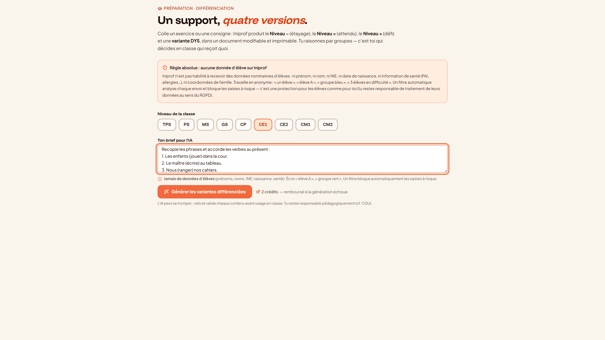 Outil de différenciation d'Iniprof : un même support décliné en plusieurs niveaux et une variante adaptée DYS