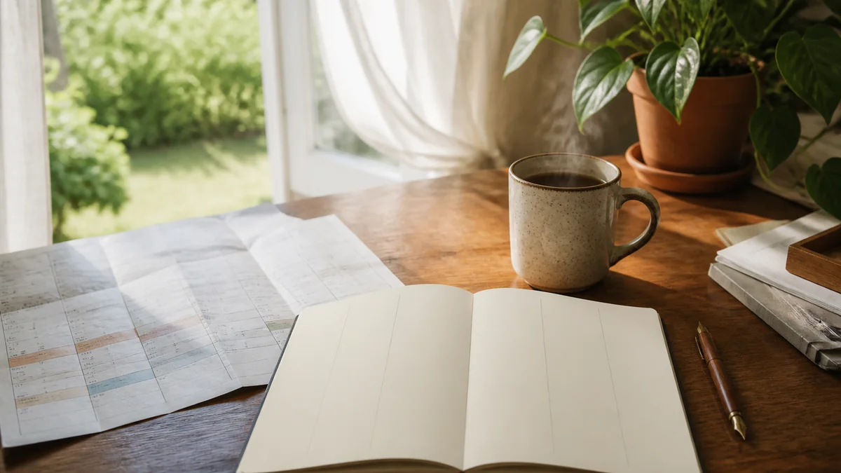 Cahier journal CE1 vierge ouvert sur un bureau d'enseignante un matin de juillet, mug de café, calendrier scolaire et stylo plume