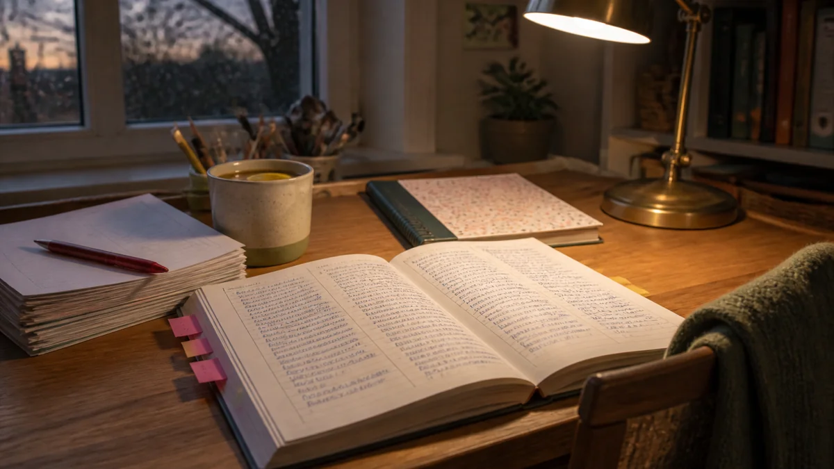 Même cahier journal CE1 trois mois plus tard fin novembre, pages remplies de cursive bleue, post-it qui dépassent et lampe de bureau allumée