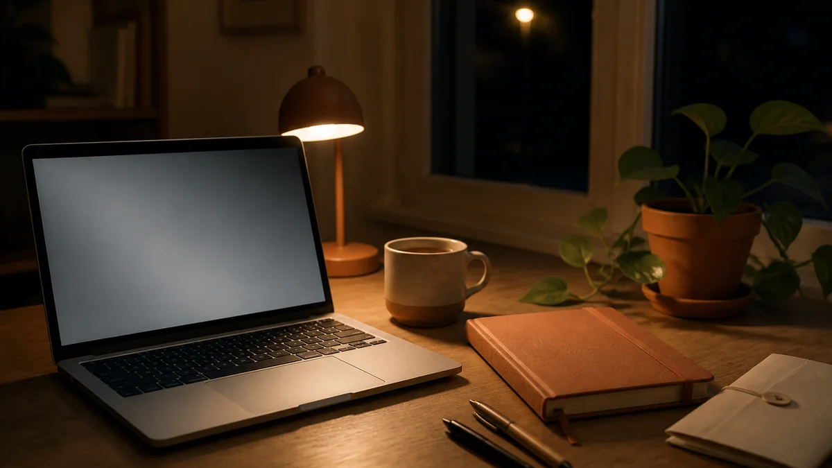 Bureau prof un mardi soir 21h - ordinateur portable ouvert sur écran neutre, cahier journal fermé, lampe basse et fenêtre nuit