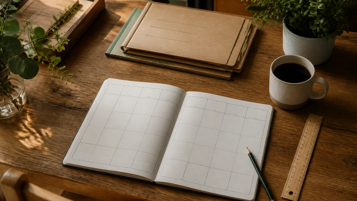Bureau d'enseignant CE1 avec planning hebdomadaire papier, crayon et café, lumière de fin d'été