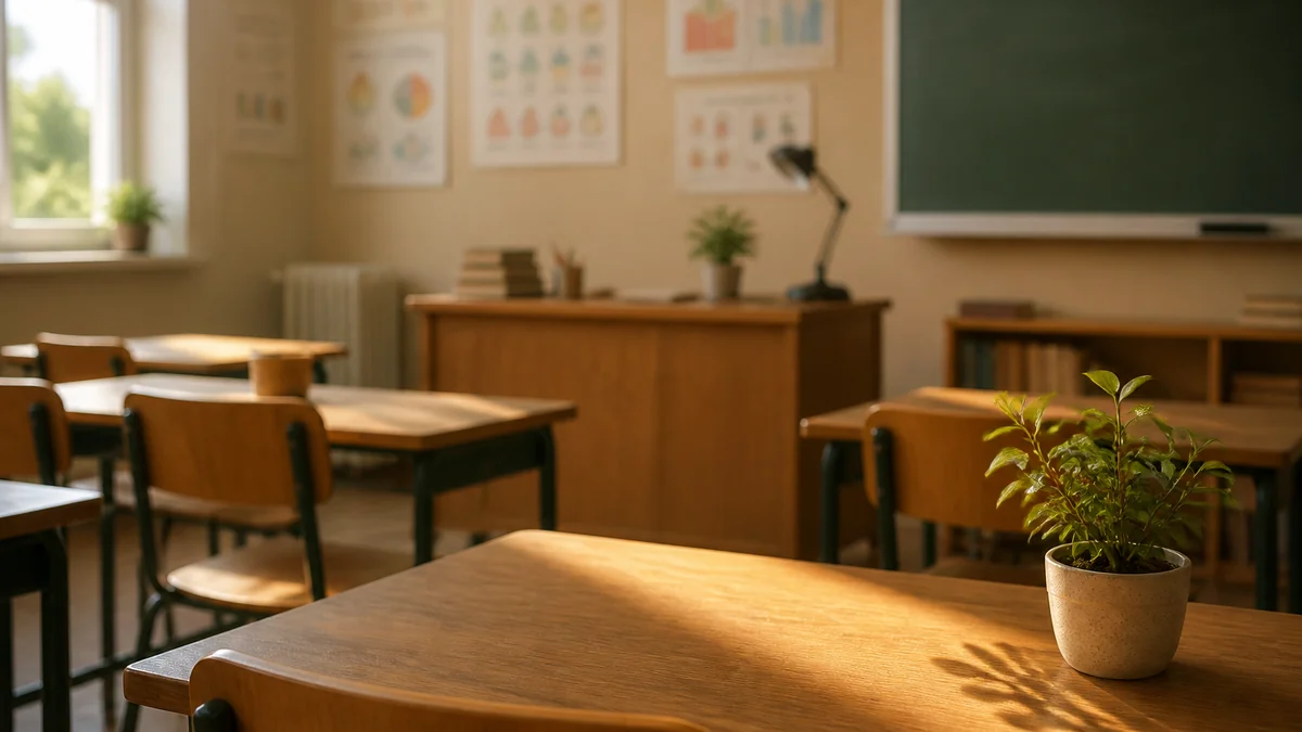 Salle de classe CE2 avec affichages mathematiques numeration et fractions au mur, soleil de fin d'ete par la fenetre, tableau noir