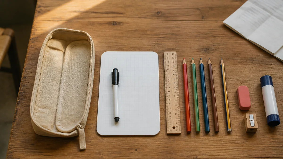 Trousse en toile beige ouverte avec son contenu sobre étalé sur une table en bois clair - ardoise, règle, crayons triés par couleur, gomme et taille-crayon