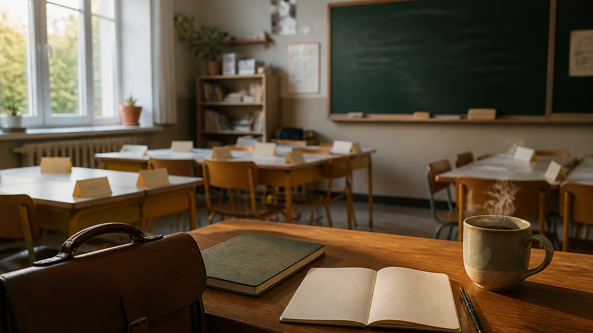 Salle de classe vide jeudi matin de la première rentrée PES, sac d'enseignant posé sur la chaise du bureau et premier rayon de soleil