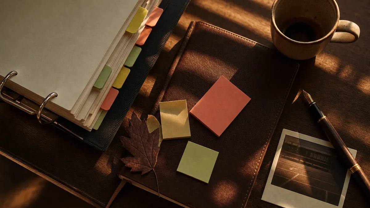 Bureau d'une enseignante expérimentée avec classeur archivé, post-its colorés et cahier journal allégé - trajectoire prof confirmé