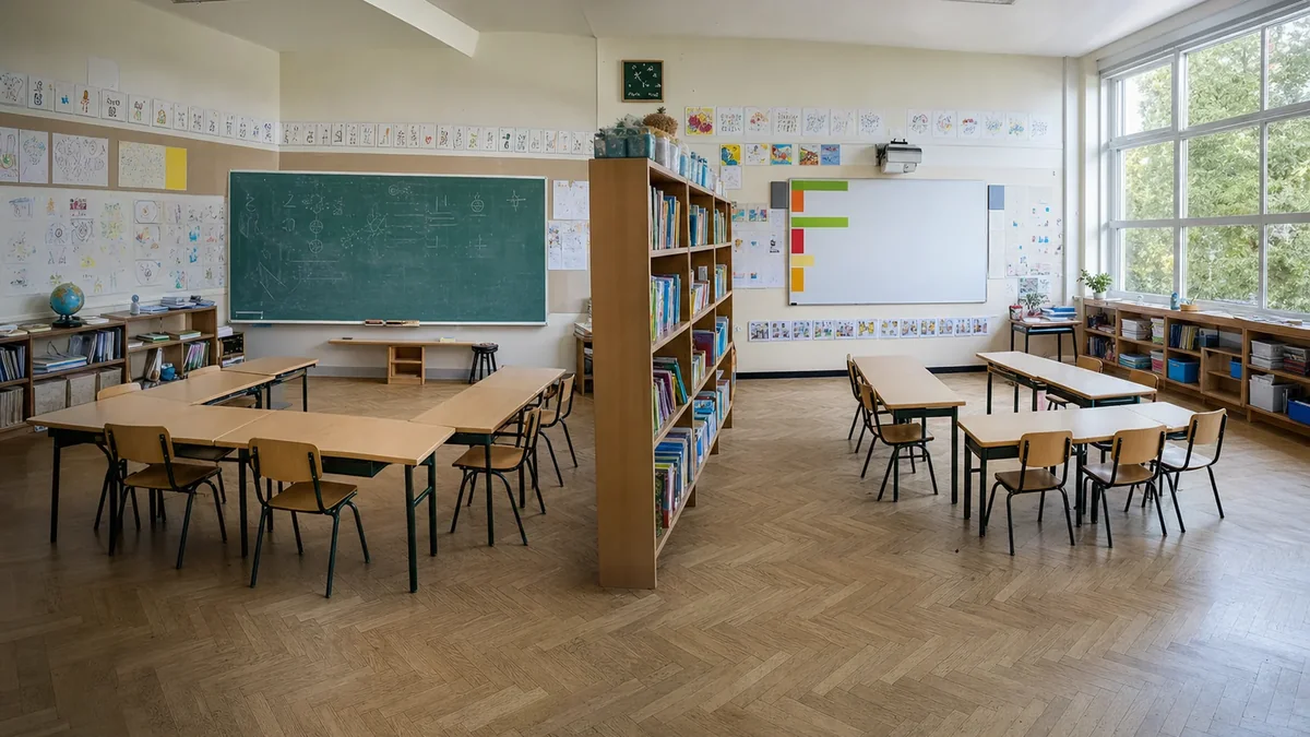 Salle de classe primaire en multi-niveaux avec deux espaces de travail distincts et deux tableaux - préparation classe multi-niveaux