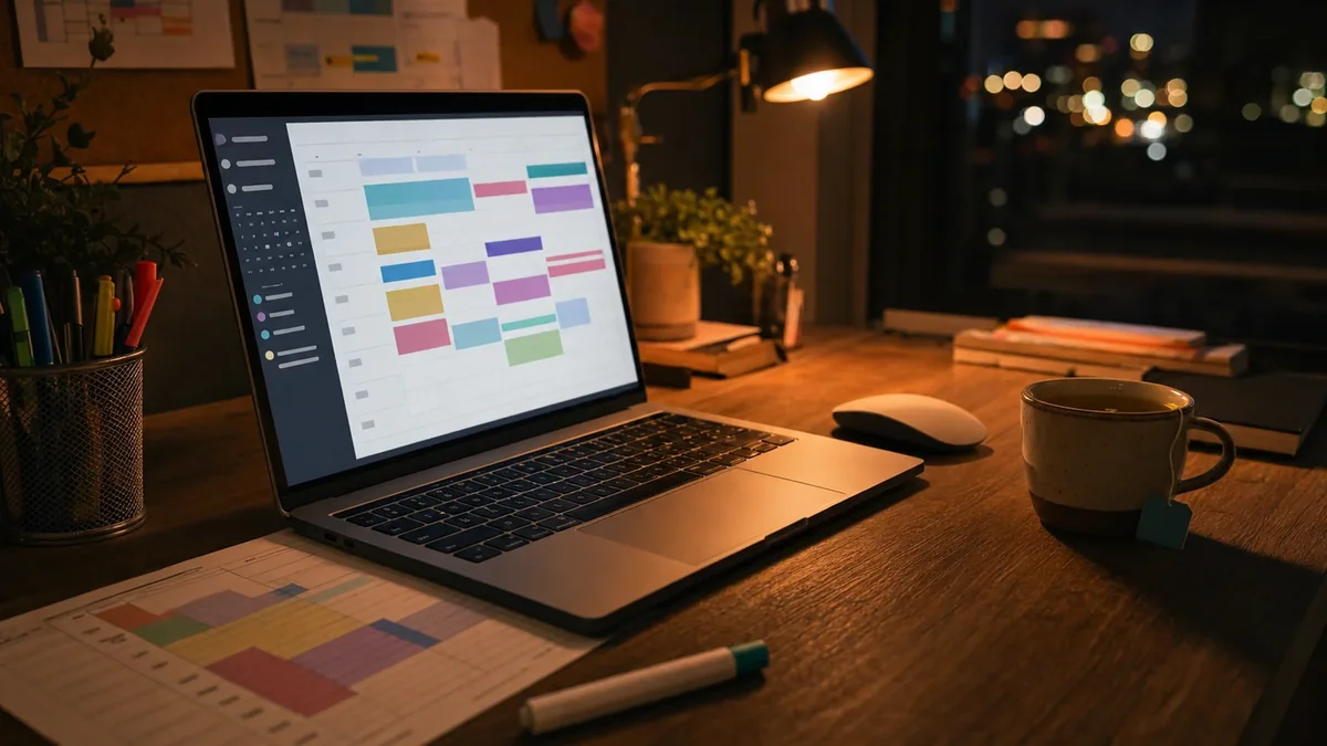 Bureau d'enseignant le soir avec ordinateur portable affichant une interface de préparation de classe - outils numériques prof primaire