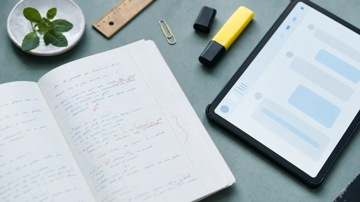 Bureau hybride papier et numérique avec cahier journal manuscrit et écran montrant une assistance IA - IA préparation de classe