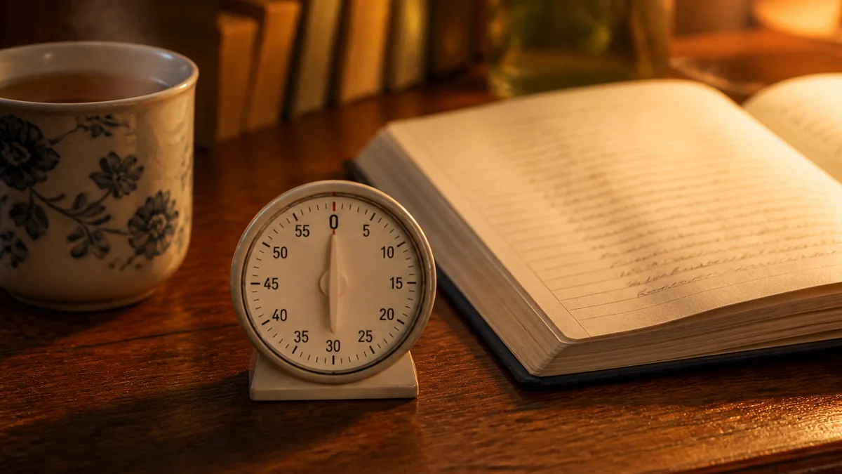 Bureau de prof à 20h30 avec minuteur de cuisine sur 60 minutes posé à côté du cahier journal ouvert et d'une tasse de tisane
