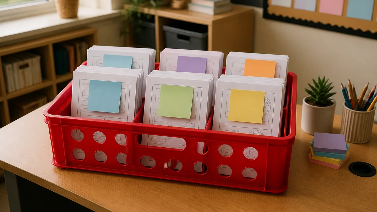 Caisse en plastique rouge sur le bureau de classe contenant les photocopies du lendemain triées par discipline et chronologie