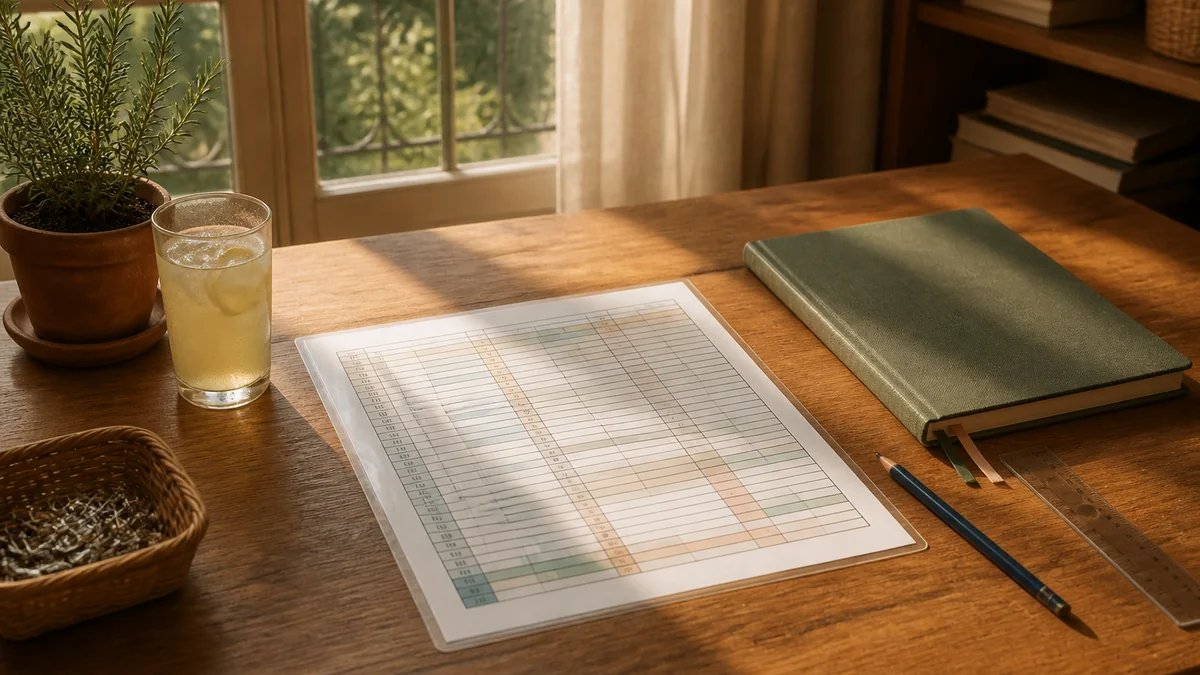 Tableau condensé de programmation CM1 sur une page A4 imprimé en couleur et plastifié, posé sur le bureau près du cahier journal vierge