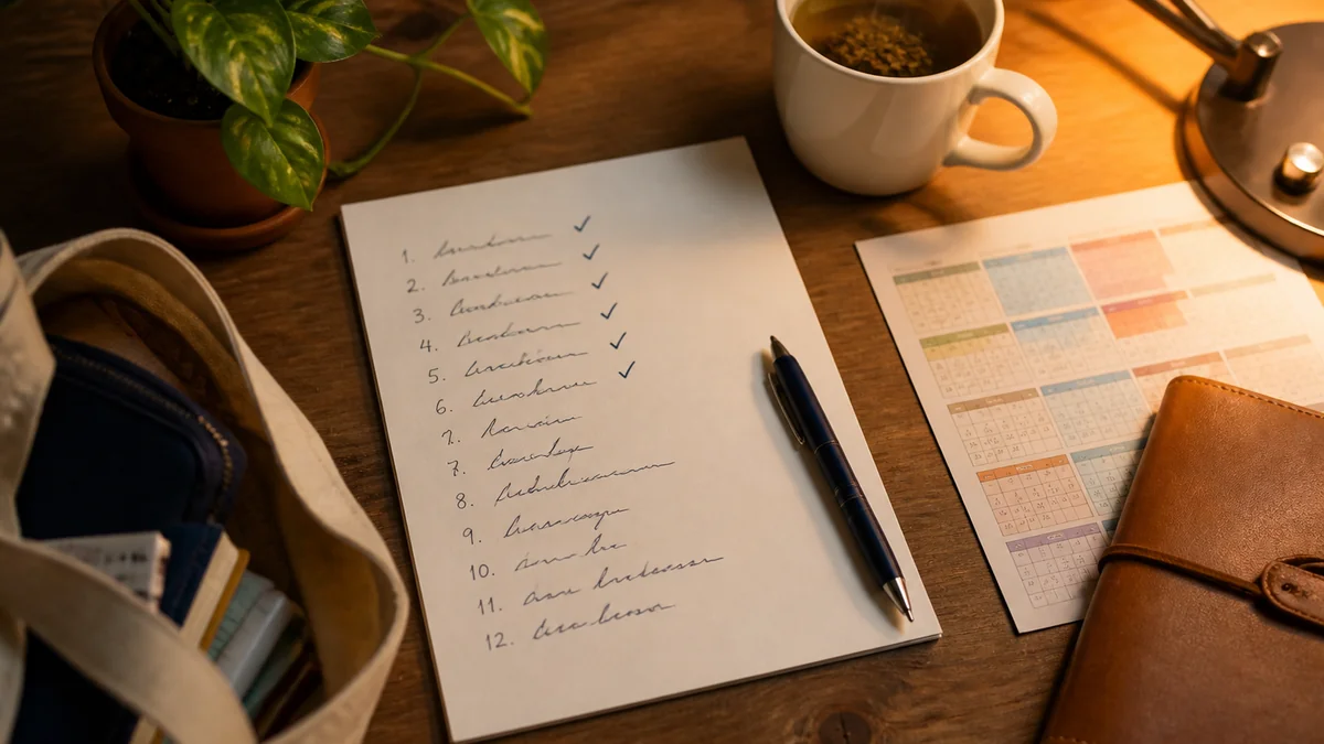 Liste manuscrite des 12 trucs cochée à moitié sur un bureau de prof le dimanche 17h - stylo bille, mug fumant, lampe basse et calendrier de rentrée