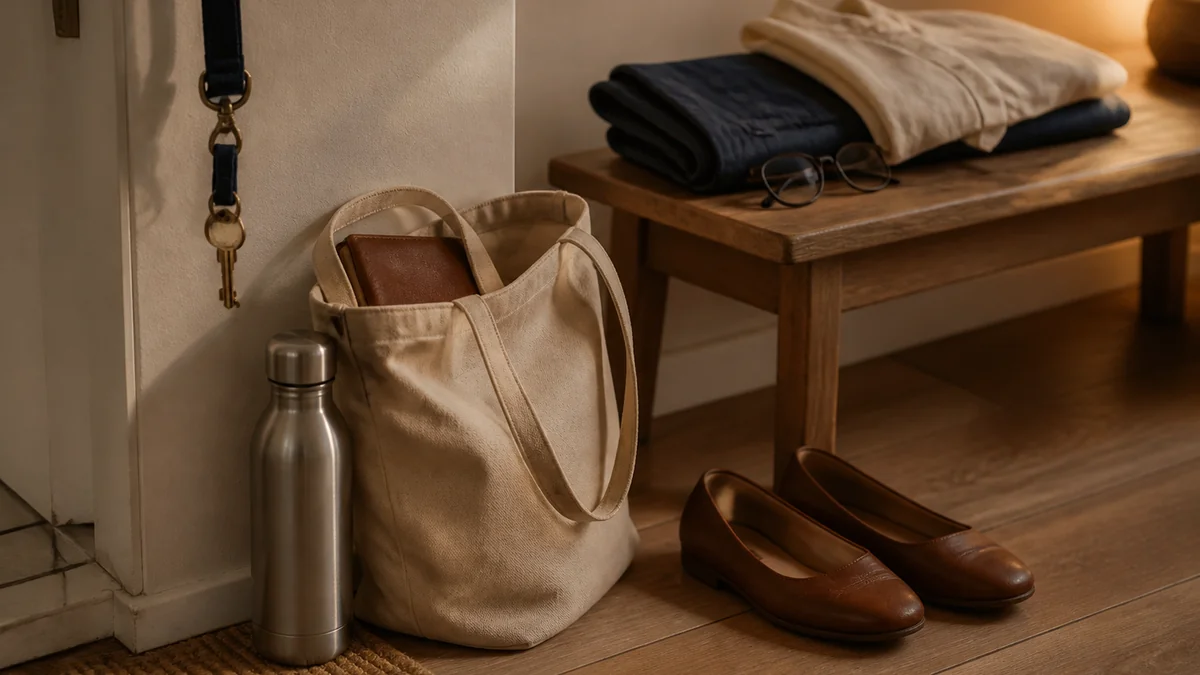 Sac de classe et tenue de rentrée posés près de la porte d'entrée le dimanche 18h30 - chaussures alignées, lunettes, bouteille d'eau et porte-documents
